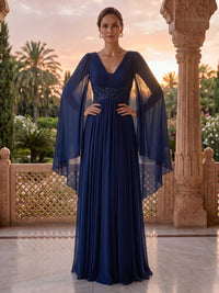 V Neck A Line Long Sleeves Beaded Floor Length Mother of the Bride/Groom Dresses