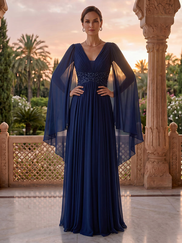 V Neck A Line Long Sleeves Beaded Floor Length Mother of the Bride/Groom Dresses