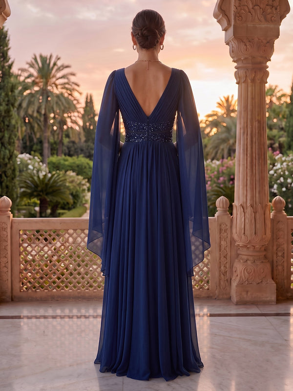 V Neck A Line Long Sleeves Beaded Floor Length Mother of the Bride/Groom Dresses