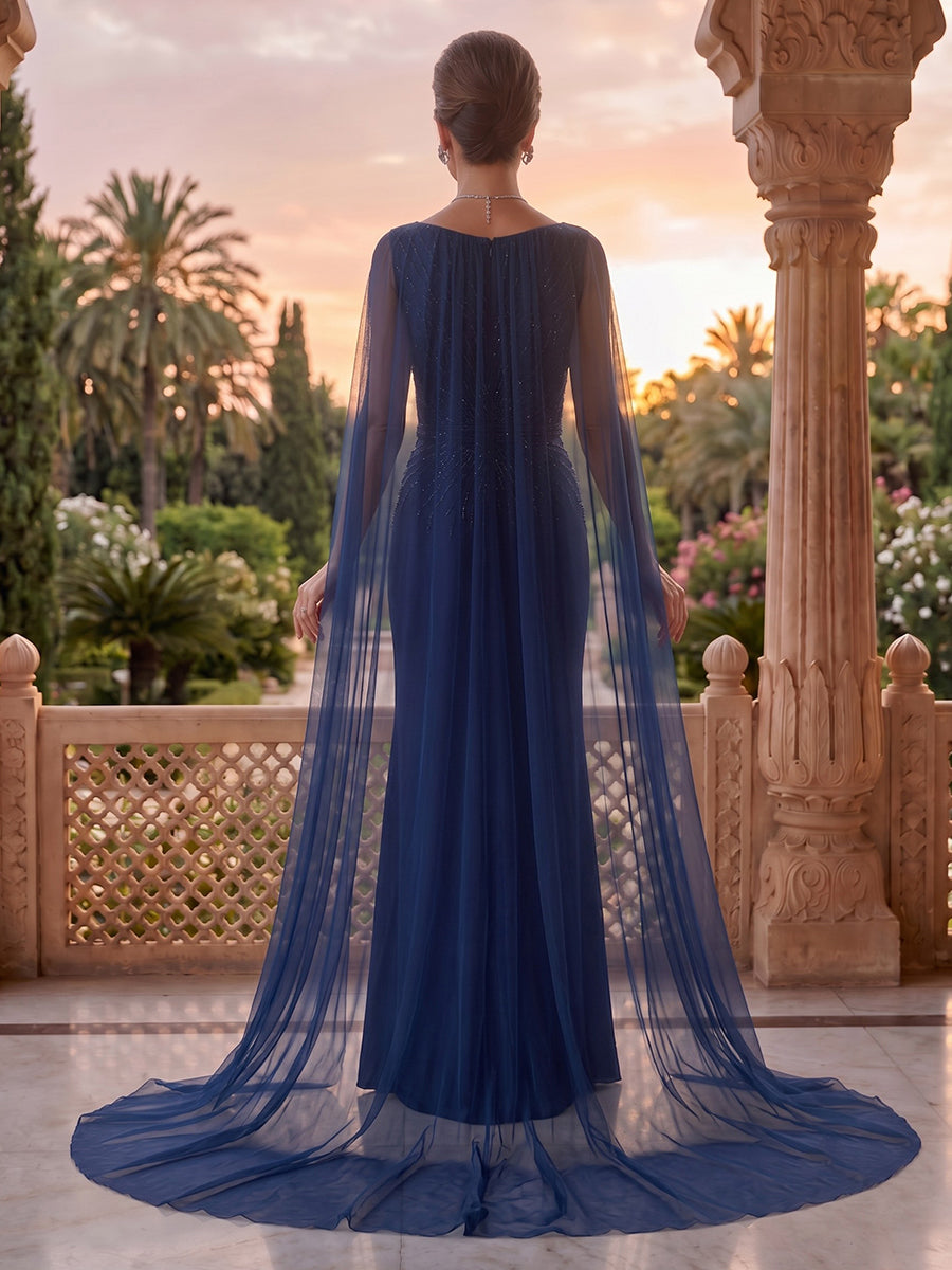 Jewel Satin Mermaid Beaded Floor Length Mother of the Bride/Groom Dresses with Cape