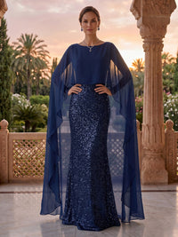 Jewel Sequin Mermaid Floor Length Mother of the Bride/Groom Dresses with Cape