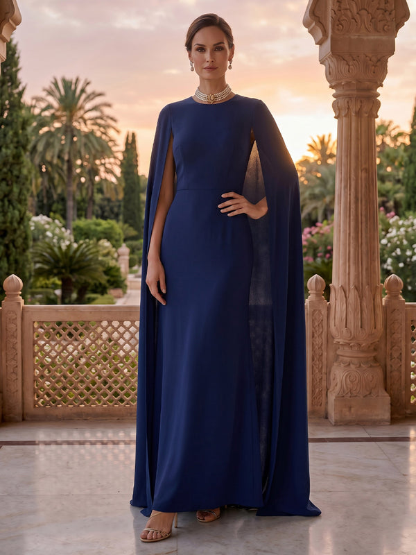 Jewel Sheath Mermaid Chiffon Floor Length Mother of the Bride/Groom Dresses with Cape