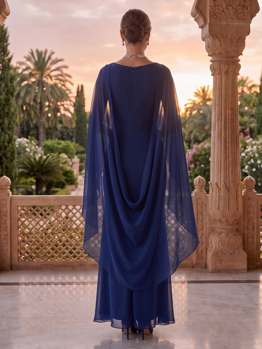 Jewel Chiffon Sheath Mermaid Floor Length Mother of the Bride/Groom Dresses with Cape