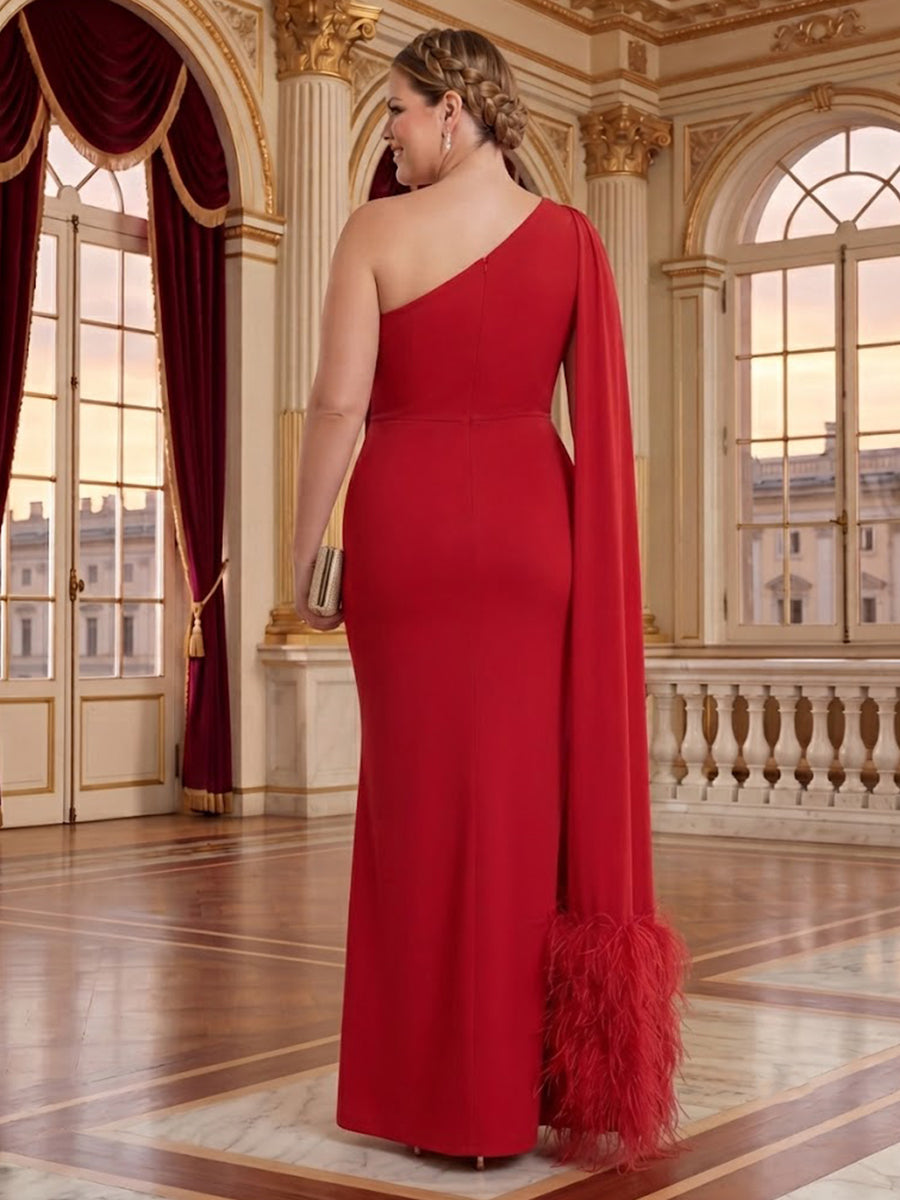Plus Size One Shoulder Mermaid Pleated Satin Floor Length Mother of the Bride/Groom Dresses