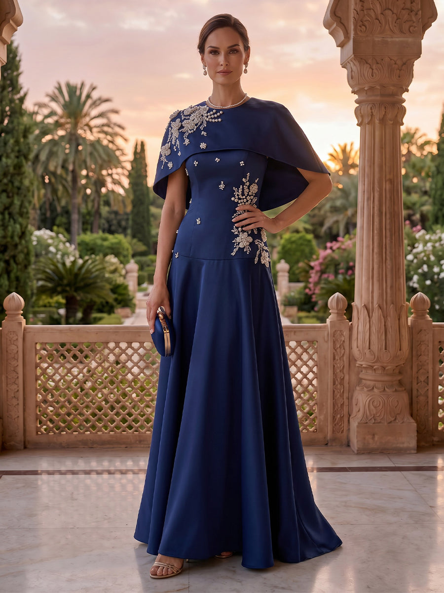 Jewel Mermaid Lace Appliques Satin Mother of the Bride/Groom Dresses with Cape