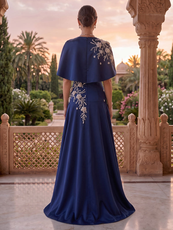 Jewel Mermaid Lace Appliques Satin Mother of the Bride/Groom Dresses with Cape