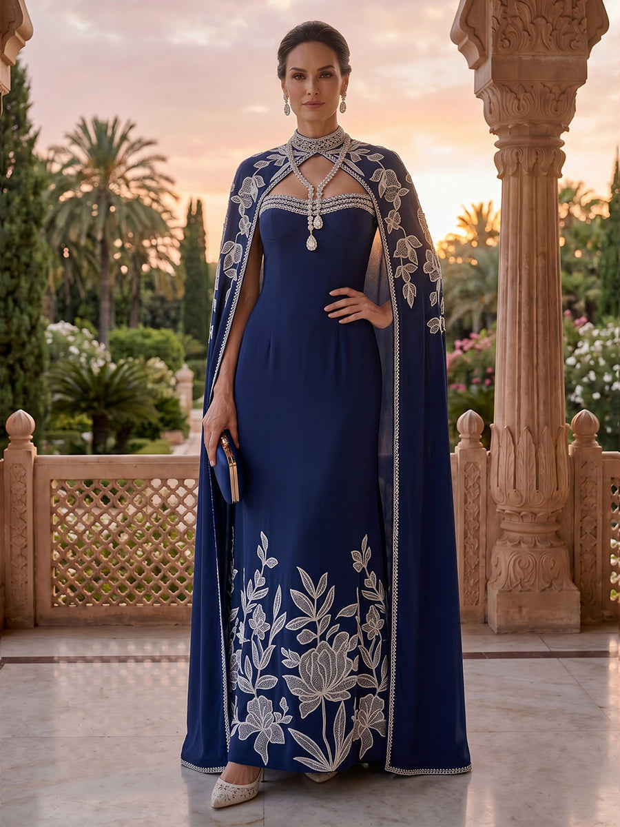 High Neck Mermaid Lace Appliques Satin Mother of the Bride/Groom Dresses with Cape