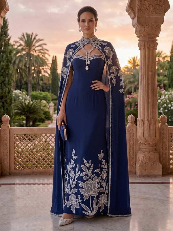 High Neck Mermaid Lace Appliques Satin Mother of the Bride/Groom Dresses with Cape