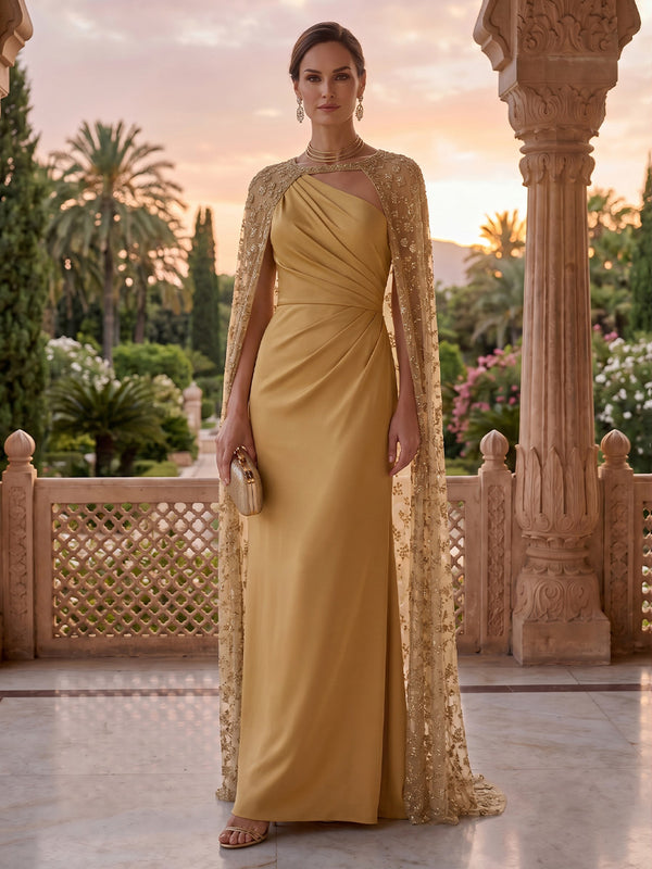 One Shoulder Sheath Mermaid Satin Mother of the Bride/Groom Dresses with Cape