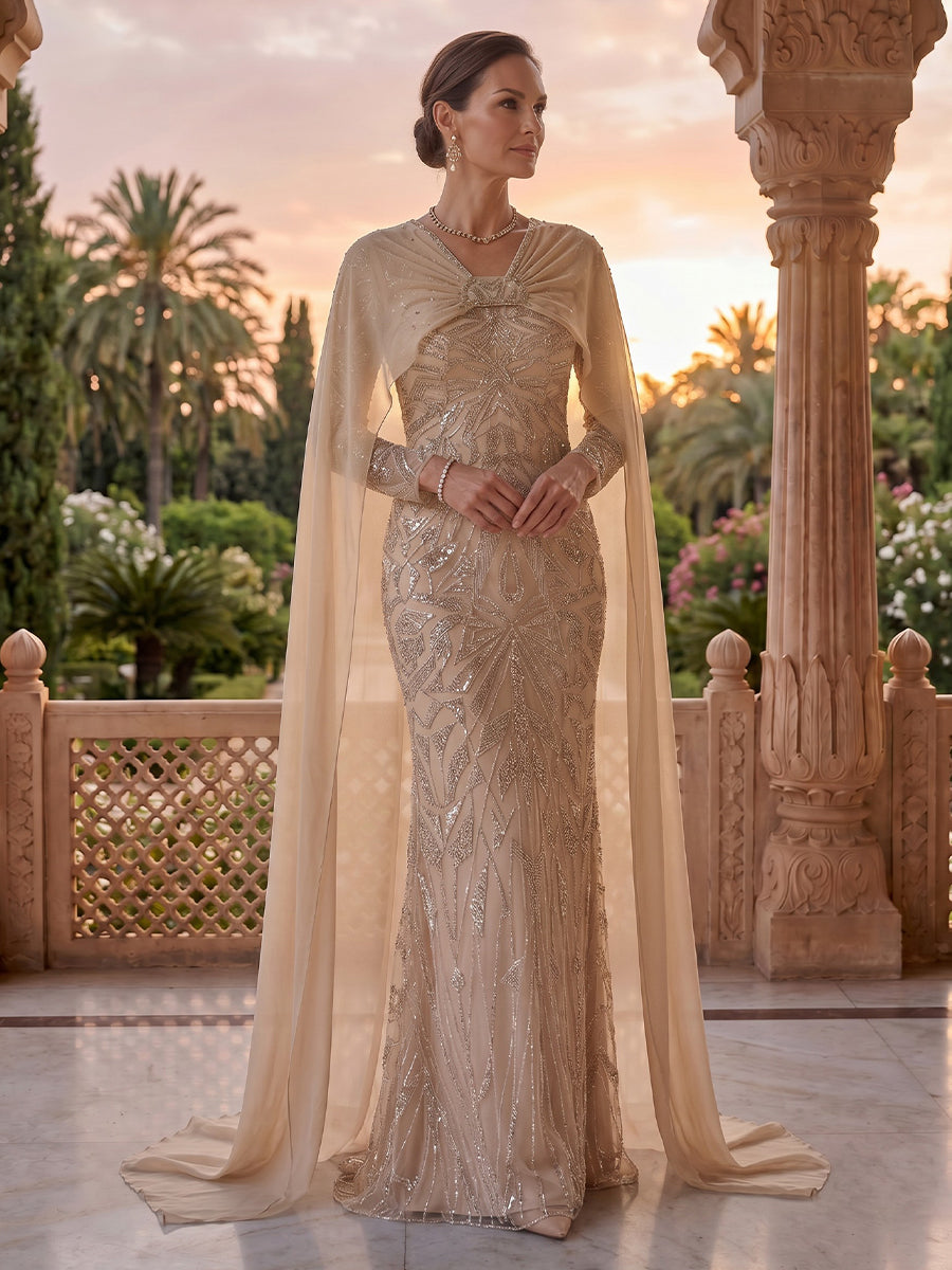 V Neck Sheath Mermaid Satin Mother of the Bride/Groom Dresses with Cape