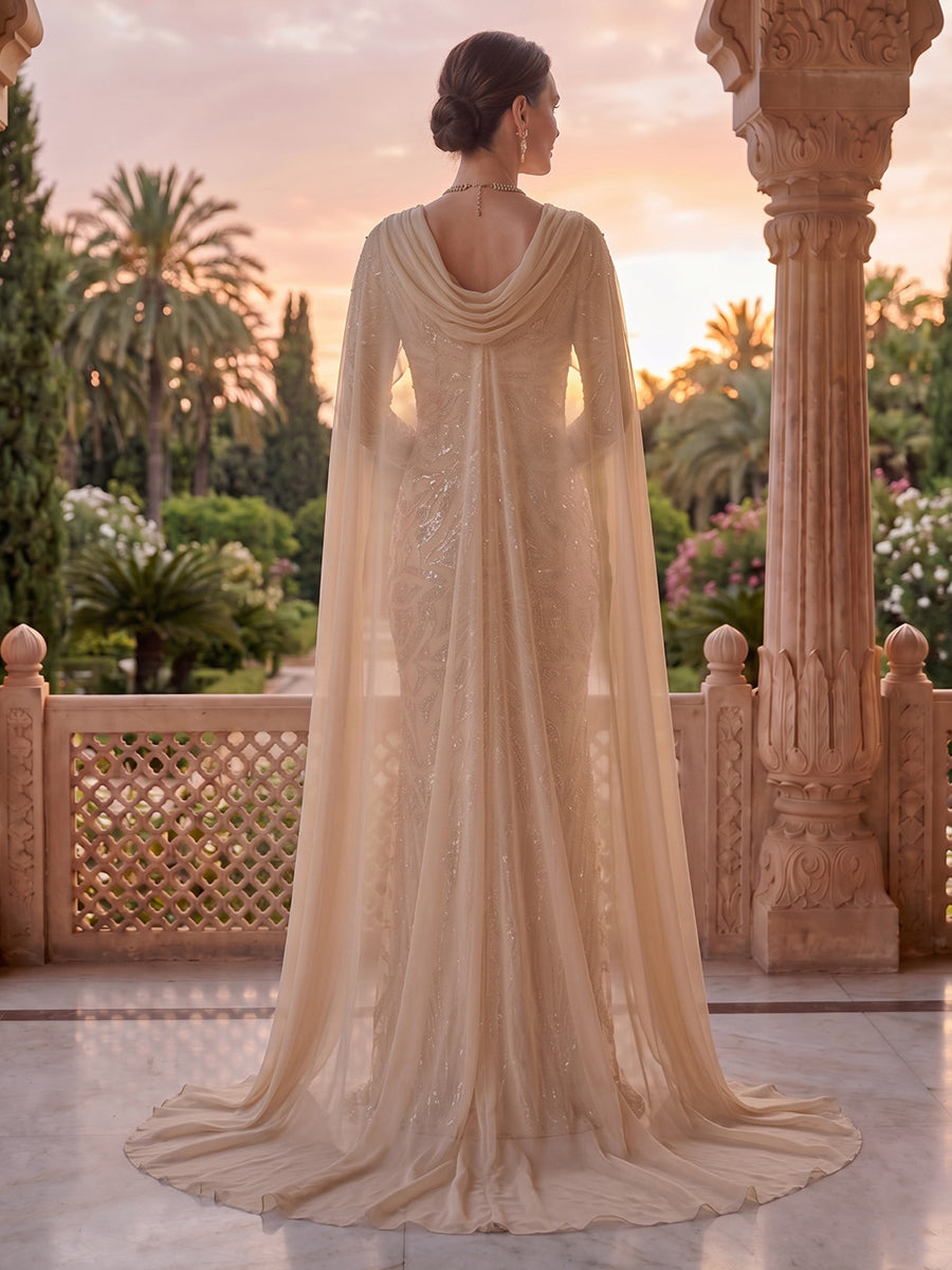 V Neck Sheath Mermaid Satin Mother of the Bride/Groom Dresses with Cape