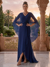 V Neck A Line Chiffon Slit Mother of the Bride/Groom Dresses with Cape