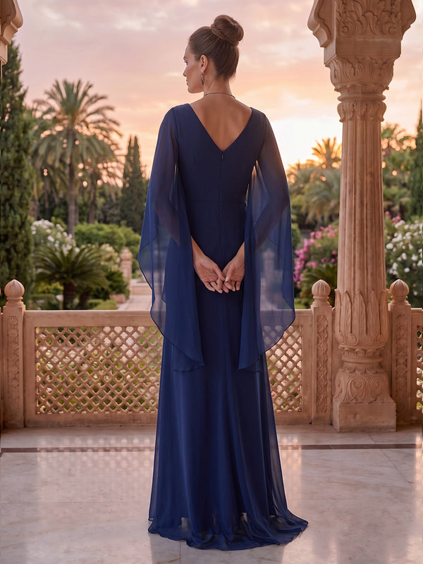 V Neck A Line Chiffon Slit Mother of the Bride/Groom Dresses with Cape