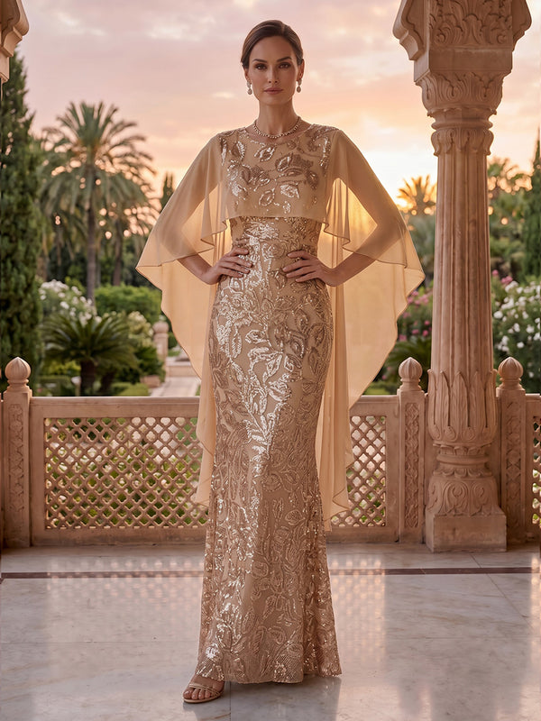 Jewel Mermaid Sequin Mother of the Bride/Groom Dresses with Cape