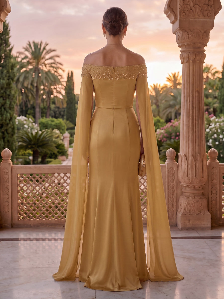 Off the Shoulder Sheath Mermaid Satin Mother of the Bride/Groom Dresses with Sleeves
