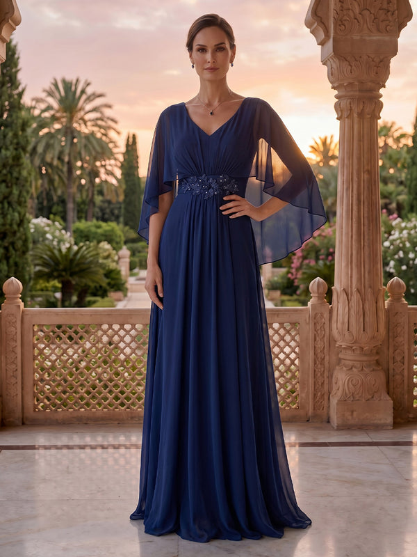 V Neck A Line Chiffon Lace Appliques Mother of the Bride/Groom Dresses