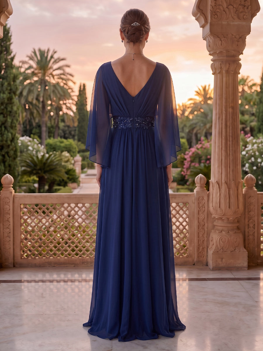 V Neck A Line Chiffon Lace Appliques Mother of the Bride/Groom Dresses