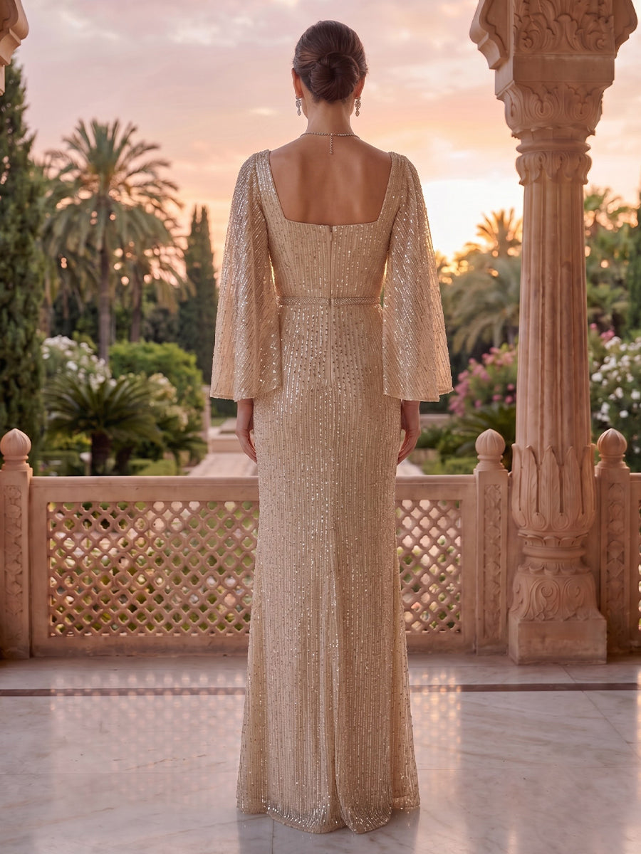 Square Neck Mermaid Sequin Long Sleeves Mother of the Bride/Groom Dresses
