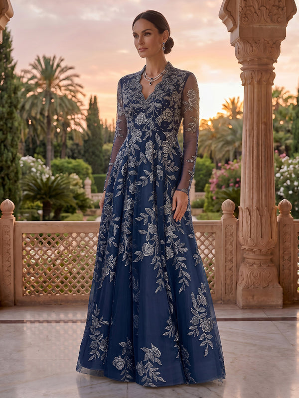 V Neck Tulle A Line Lace Appliques Floor Length Mother of the Bride/Groom Dresses