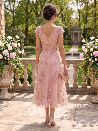 Tea Length V Neck Tulle Cap Sleeves Mother of the Bride/Groom Dresses