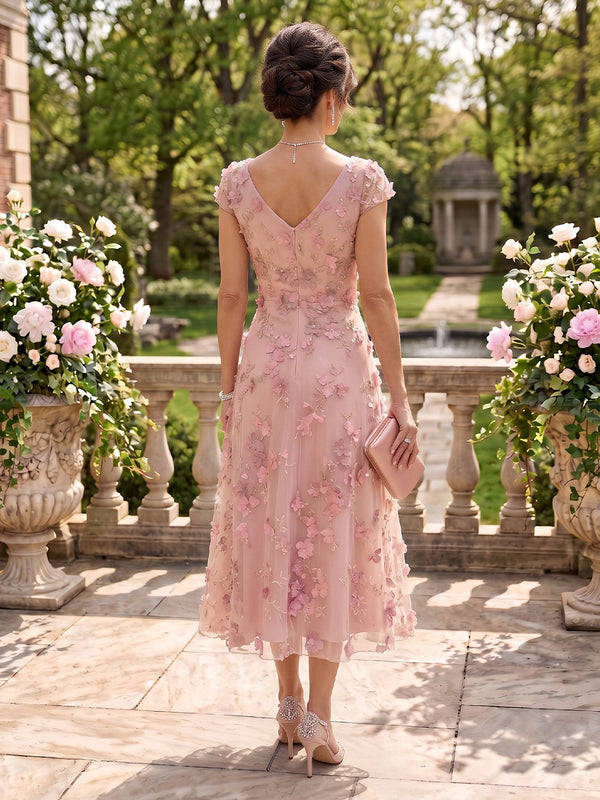 Tea Length V Neck Tulle Cap Sleeves Mother of the Bride/Groom Dresses