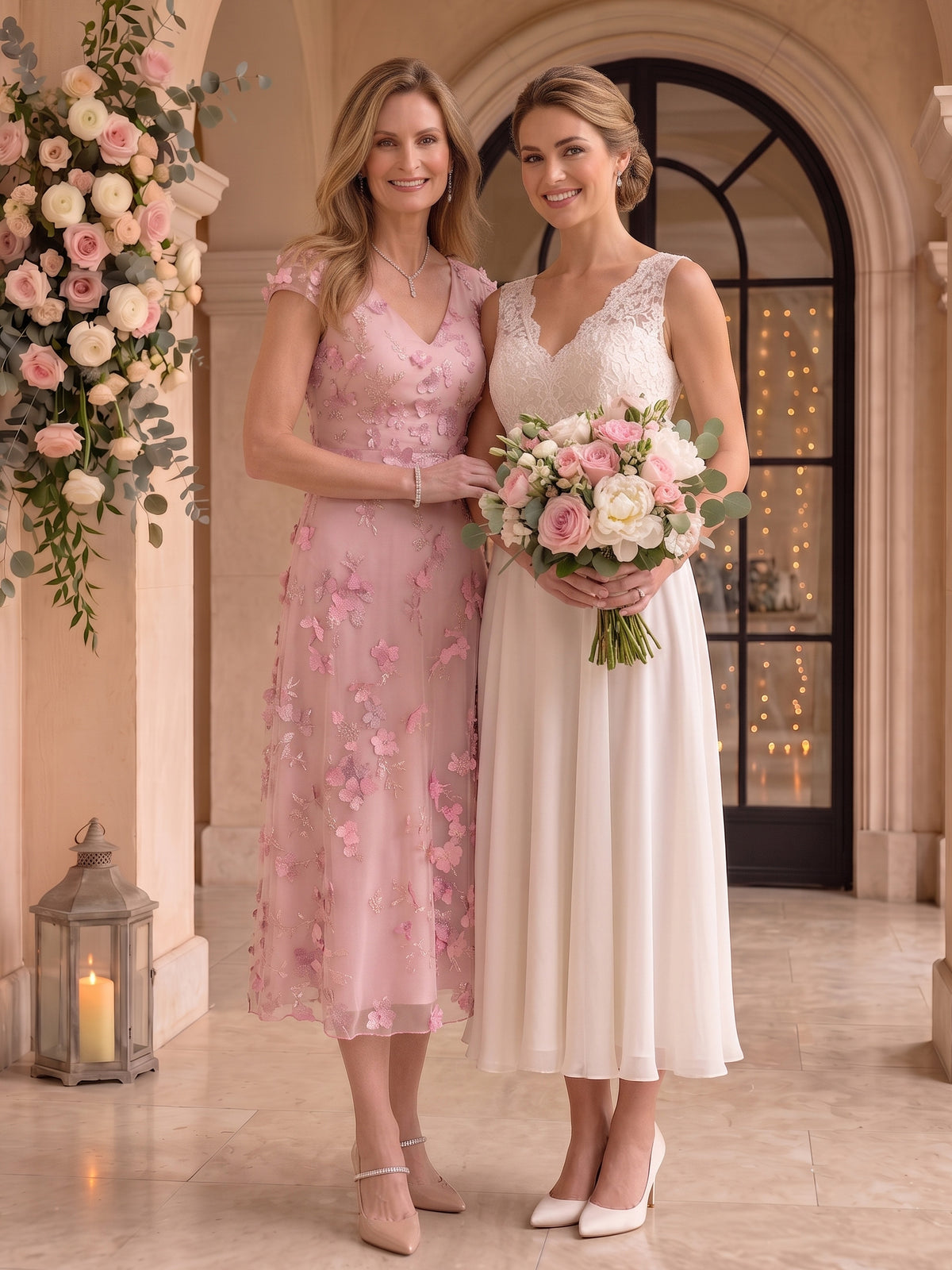 Tea Length V Neck Tulle Cap Sleeves Mother of the Bride/Groom Dresses