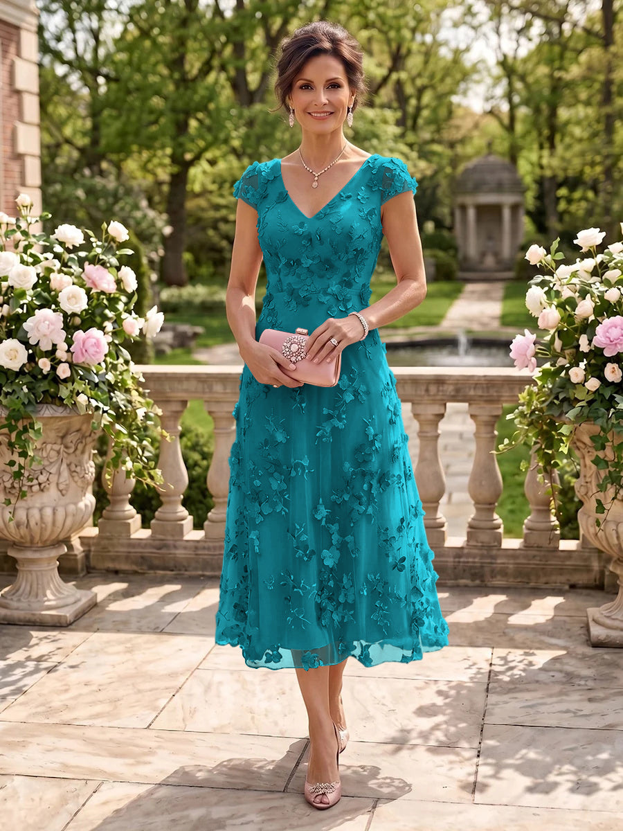 Tea Length V Neck Tulle Cap Sleeves Mother of the Bride/Groom Dresses