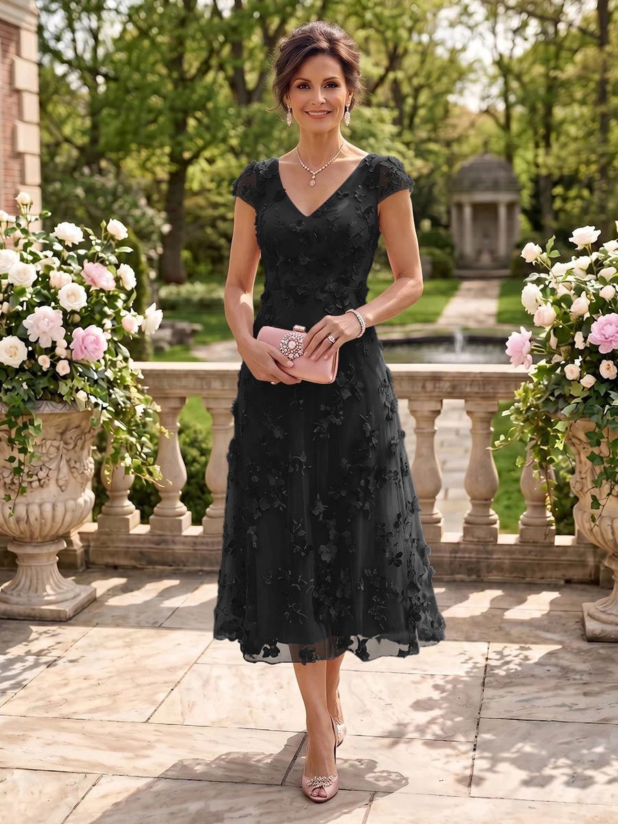 Tea Length V Neck Tulle Cap Sleeves Mother of the Bride/Groom Dresses