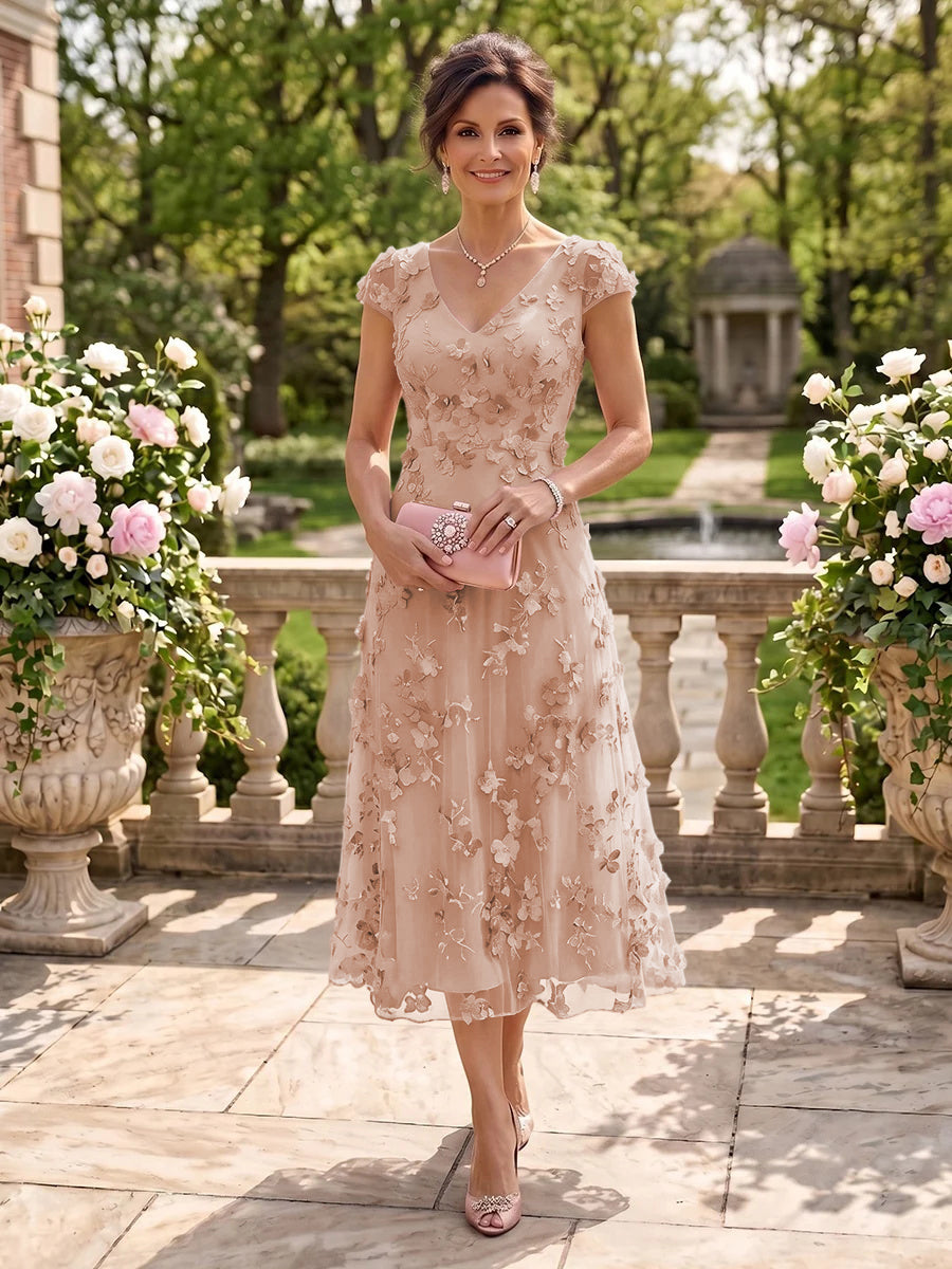 Tea Length V Neck Tulle Cap Sleeves Mother of the Bride/Groom Dresses
