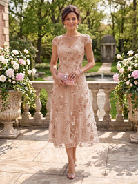 Tea Length V Neck Tulle Cap Sleeves Mother of the Bride/Groom Dresses
