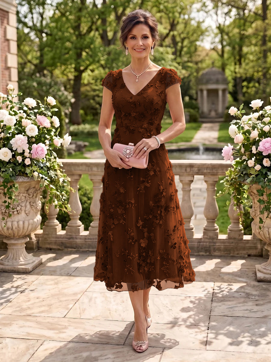 Tea Length V Neck Tulle Cap Sleeves Mother of the Bride/Groom Dresses