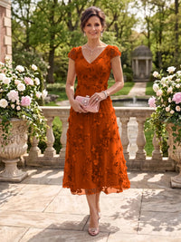 Tea Length V Neck Tulle Cap Sleeves Mother of the Bride/Groom Dresses
