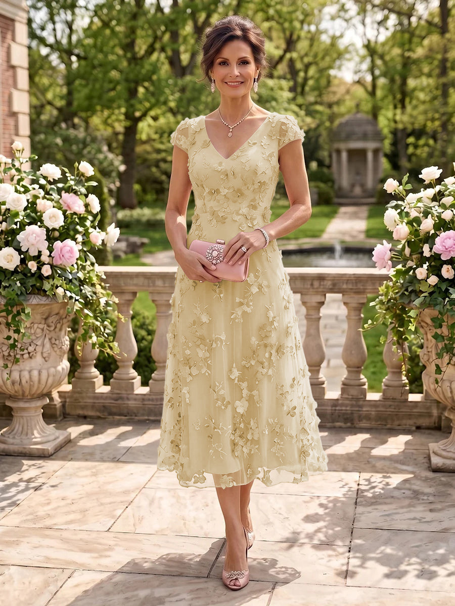 Tea Length V Neck Tulle Cap Sleeves Mother of the Bride/Groom Dresses