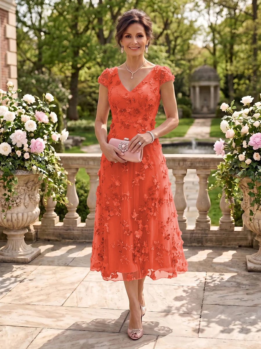 Tea Length V Neck Tulle Cap Sleeves Mother of the Bride/Groom Dresses