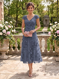 Tea Length V Neck Tulle Cap Sleeves Mother of the Bride/Groom Dresses