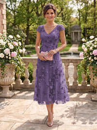 Tea Length V Neck Tulle Cap Sleeves Mother of the Bride/Groom Dresses