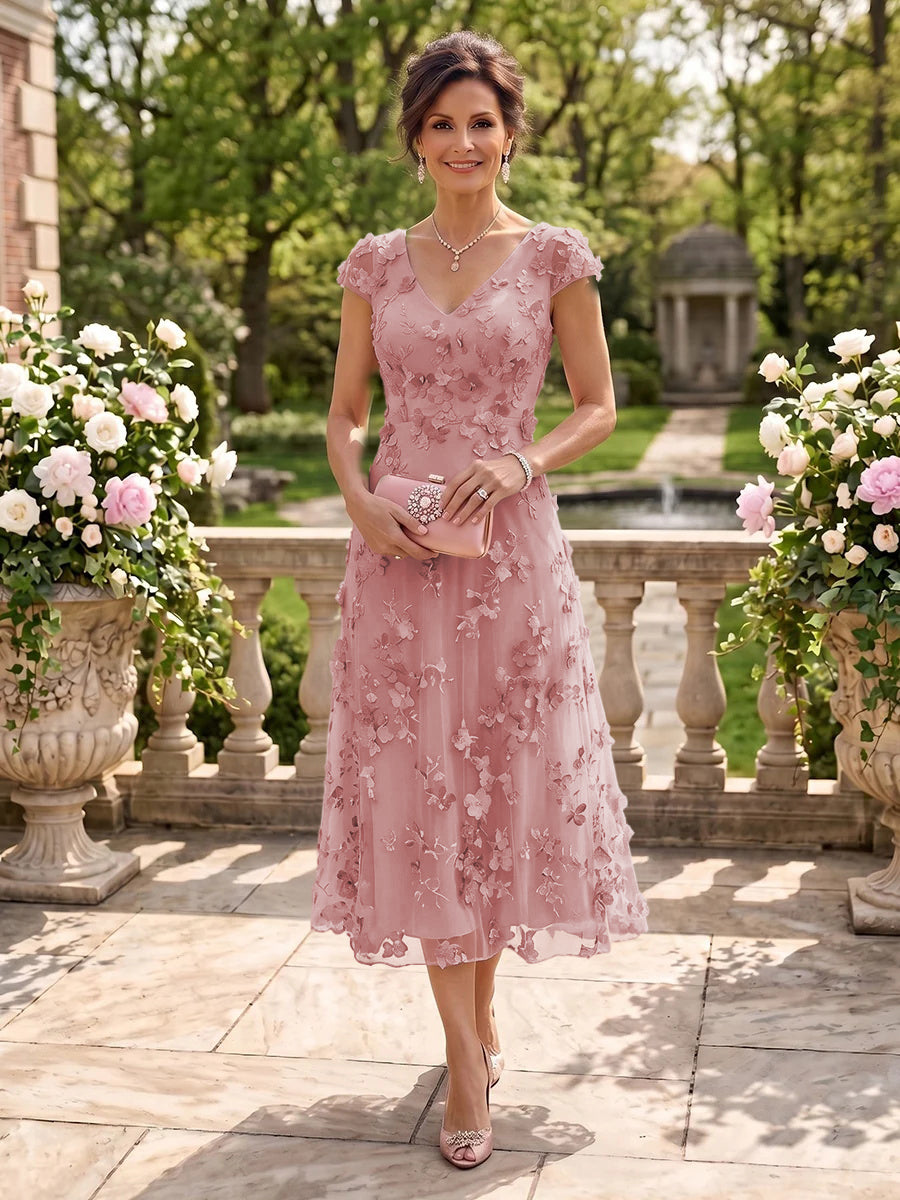 Tea Length V Neck Tulle Cap Sleeves Mother of the Bride/Groom Dresses