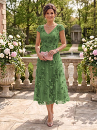 Tea Length V Neck Tulle Cap Sleeves Mother of the Bride/Groom Dresses