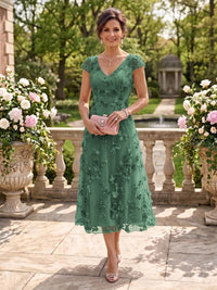 Tea Length V Neck Tulle Cap Sleeves Mother of the Bride/Groom Dresses