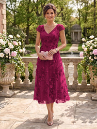 Tea Length V Neck Tulle Cap Sleeves Mother of the Bride/Groom Dresses