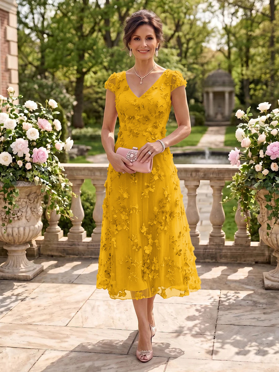 Tea Length V Neck Tulle Cap Sleeves Mother of the Bride/Groom Dresses