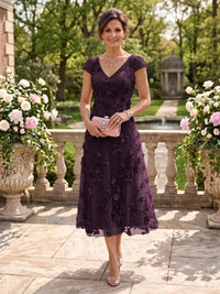 Tea Length V Neck Tulle Cap Sleeves Mother of the Bride/Groom Dresses