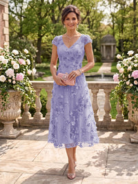 Tea Length V Neck Tulle Cap Sleeves Mother of the Bride/Groom Dresses