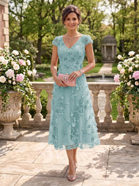 Tea Length V Neck Tulle Cap Sleeves Mother of the Bride/Groom Dresses