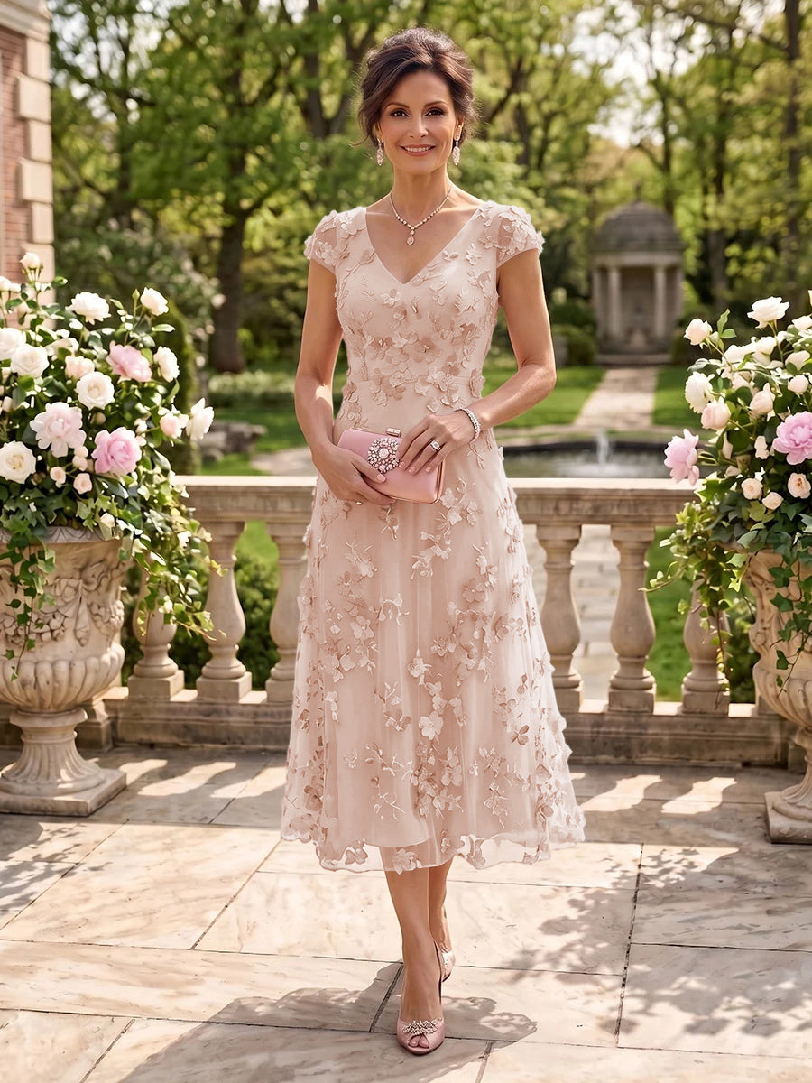 Tea Length V Neck Tulle Cap Sleeves Mother of the Bride/Groom Dresses