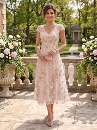 Tea Length V Neck Tulle Cap Sleeves Mother of the Bride/Groom Dresses