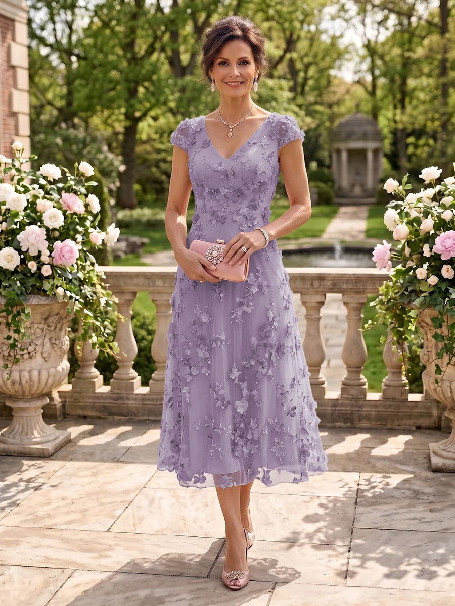 Tea Length V Neck Tulle Cap Sleeves Mother of the Bride/Groom Dresses