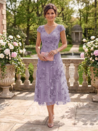 Tea Length V Neck Tulle Cap Sleeves Mother of the Bride/Groom Dresses