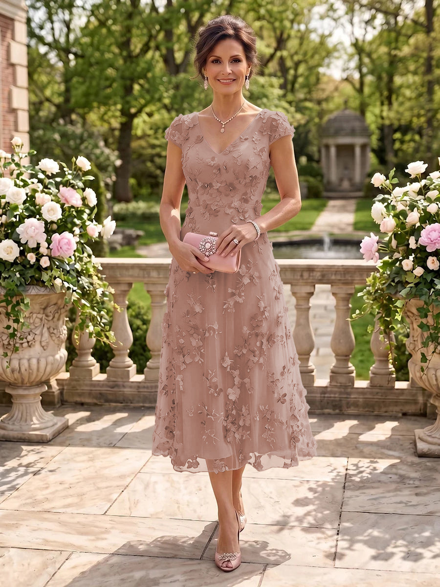Tea Length V Neck Tulle Cap Sleeves Mother of the Bride/Groom Dresses