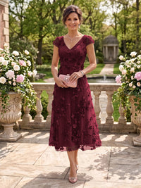 Tea Length V Neck Tulle Cap Sleeves Mother of the Bride/Groom Dresses